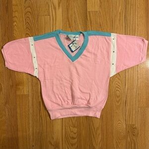 Vintage-Inspired Pink V-Neck Pullover Sweatshirt with Teal Trim